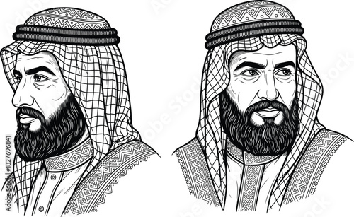 Two Middle Eastern men in traditional keffiyeh and thobe attire with beards and detailed patterns, cultural illustration, flat vector