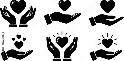 Hands holding hearts love care charity support icons vector illustration black symbols set