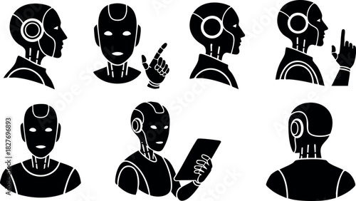 Robot head and upper body silhouettes in various poses black vector illustration futuristic technology concept