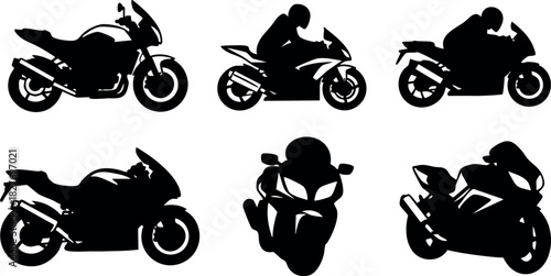 Motorcycle silhouette set different angles black vector illustration speed and sport bike design