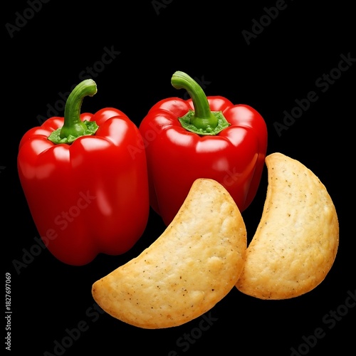 Illustration of vibrant red bell peppers and golden crescentshaped savory snacks on black background