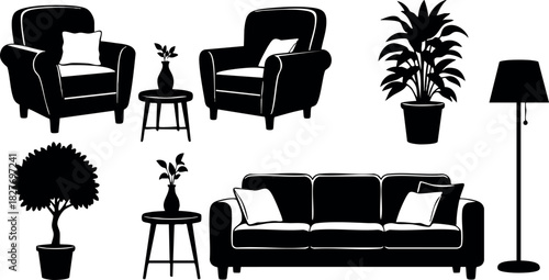 Black silhouette living room furniture set with armchairs sofa plants and lamp vector illustration