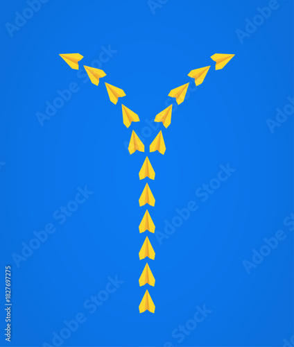 Yellow paper planes diverging into multiple directions, symbolizing flexibility, choice, and exploring new possibilities