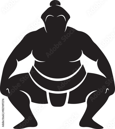 A black silhouette of a traditional japanese sumo wrestler in fighting stance