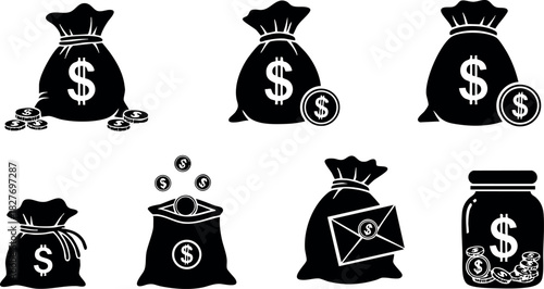 Money bag icons with coins dollar symbol vector illustration set black and white