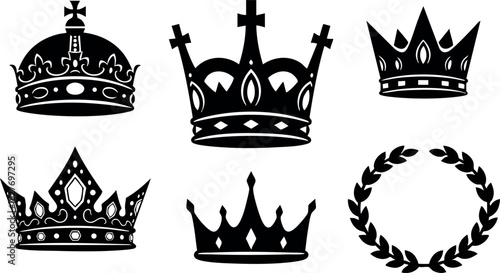 Six black crown silhouettes with laurel wreath vector illustration design royal symbols collection