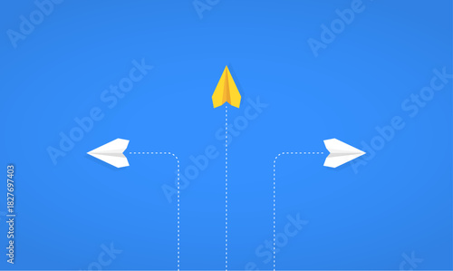 Yellow paper plane leading in a new direction while white planes branch off, symbolizing leadership, choice, and taking the lead in innovation