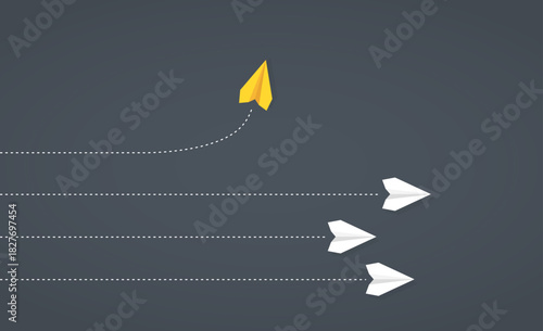 Yellow paper plane taking a different path while white planes follow, symbolizing thinking differently, changing paths, and embracing new directions