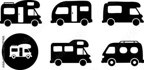 Black camper van icons set different shapes and styles vector illustration