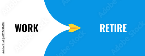 Conceptual banner design representing the transition from work to retirement with paper plane as arrow, symbolizing career progression and the shift to retirement