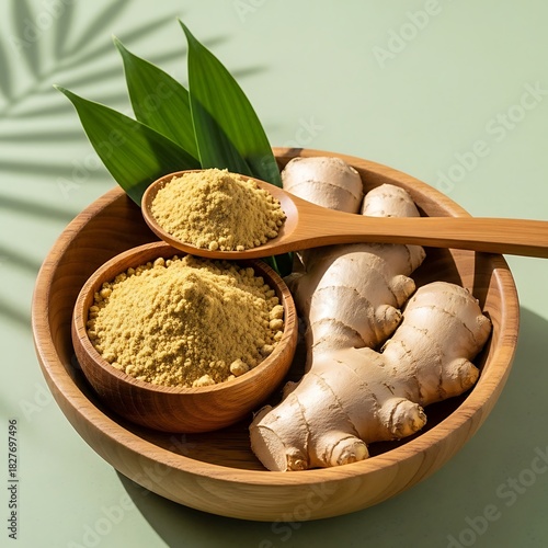 Illustration of fresh ginger root and powdered ginger in a wooden bowl with green leaves