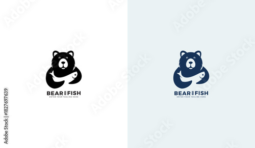 Bear and fish logo, bear with fish icon, vector illustration template design