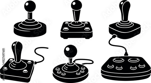 Retro joystick game controllers collection vector illustration black silhouette set classic arcade gaming devices