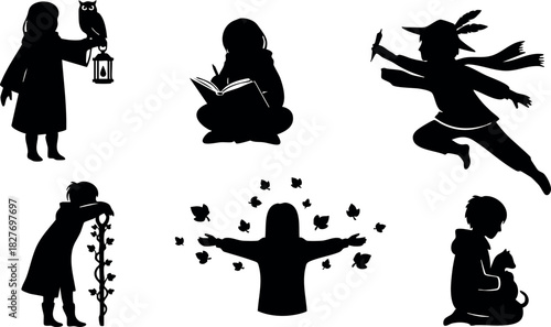 Children playing reading jumping holding lantern sitting with bird outdoors silhouette vector illustration