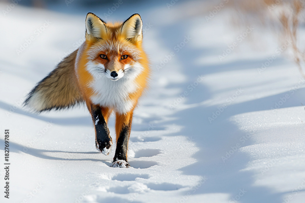 Naklejka premium Red fox walking through snow in winter forest with fluffy tail and sharp gaze, wildlife survival generative ai animal