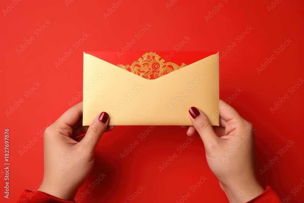 Obraz premium Red envelope holding paper mail.