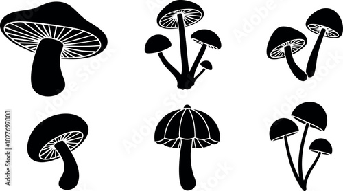 Black and white mushrooms silhouette vector set various shapes and sizes natural fungi design elements