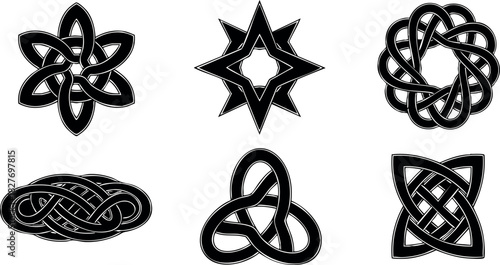 Celtic knots black vector design set six styles intricate shapes decorative elements