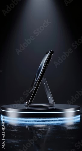 Futuristic smartphone displayed on illuminated pedestal in dark studio