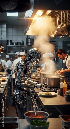 Robot chef cooking gourmet meal in busy professional restaurant kitchen