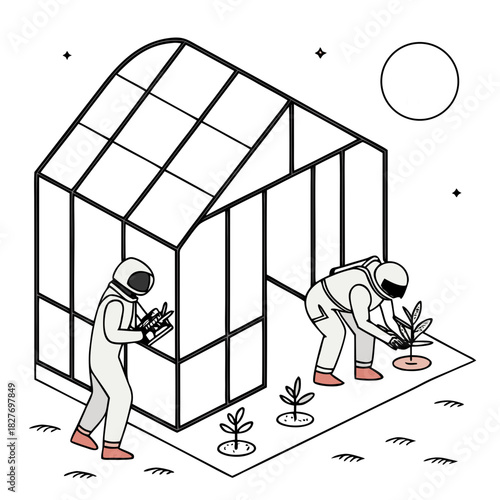 Astronauts in Moon Garden. Perfect for: Sci-fi storytelling vector, sustainability education, editorial art
