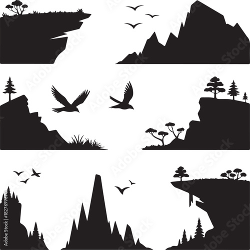Nature scene with mountain cliffs birds and vegetation black silhouettes