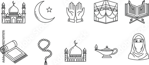 Islamic icons including mosque, Kaaba, Quran, prayer beads, crescent moon, hijab, and religious symbols in black white, flat vector