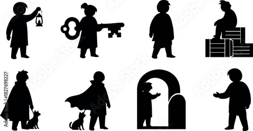 Silhouettes of children with objects and pets in playful poses vector illustration