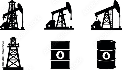Oil pump jack and oil barrel vector icons in simple silhouette style for industry and energy design