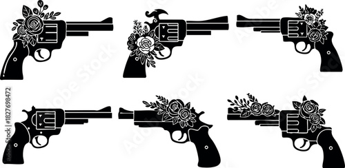 Black silhouette revolver handgun with floral decoration vector set collection art design