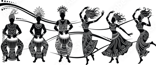 Traditional cultural performance with dancers and drummers in ornate costumes and rhythmic motion, festive black white illustration with detail, flat vector