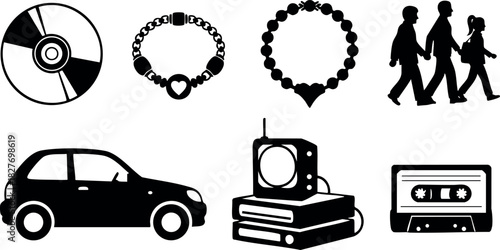 Retro technology car cassette tape television family silhouette heart necklace vector icons collection