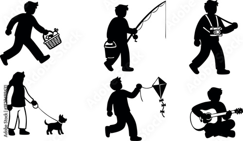 Silhouette People Engaged in Leisure Activities Fishing Walking Dog Playing Guitar and Flying Kite Vector Illustration
