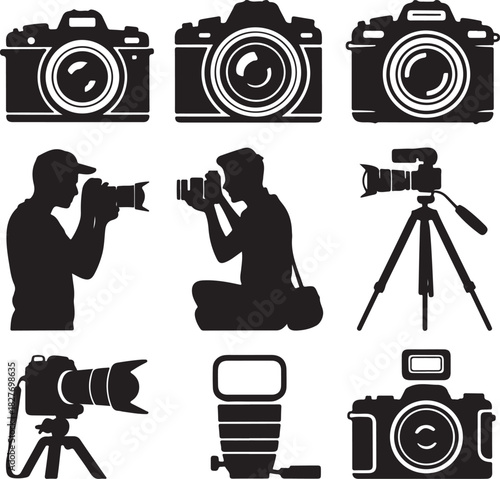 Photography Equipment and Photographer Silhouettes in Black and White Icon Set