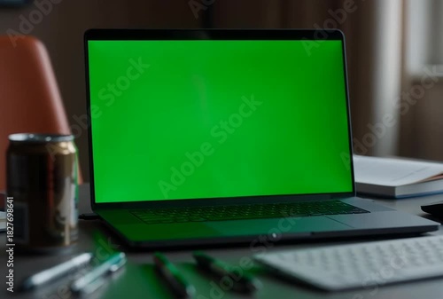 Wallpaper Mural Modern workspace with laptop featuring green screen, keyboard, pens, and a beverage can for Torontodigital.ca