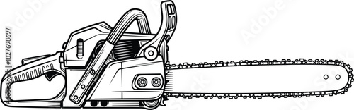 Chainsaw side view with detailed mechanical parts including handle, engine, chain and guide bar in black white illustration, flat vector