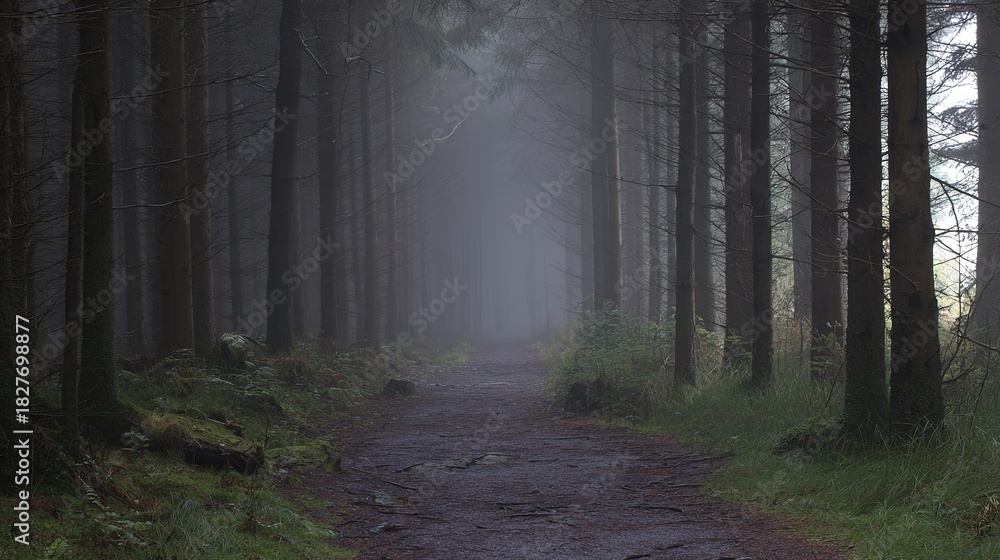Obraz premium vanishing. Misty forest path with straight tree trunks leading into the distant fog. travel magazines, destination branding, designed for travel destination branding, used by event planners.