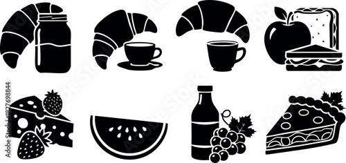 Breakfast food icons set with croissant coffee sandwich cheese watermelon grapes and juice vector illustration