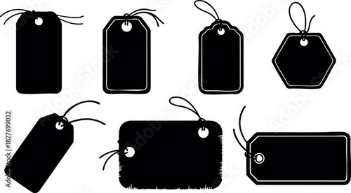 Set of black price tags with string loops in various shapes and sizes vector illustration