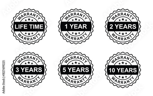 Black and White Warranty Badge Icons – Lifetime, 1 Year, 2 Years, 3 Years, 5 Years, 10 Years Guarantee Labels Set