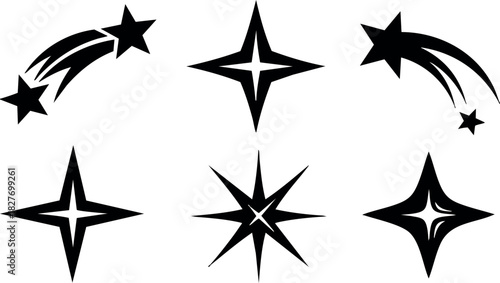 Simple black star shapes vector illustration with shooting stars and sparkle elements isolated on white background
