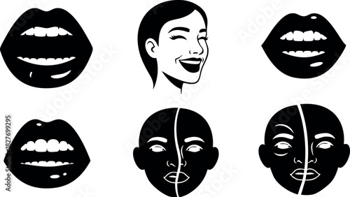 Facial expressions vector illustration with lips and smiling woman face in black and white style