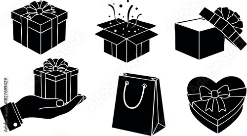 Gift box icons set with ribbons open closed hand heart shaped bag vector illustration