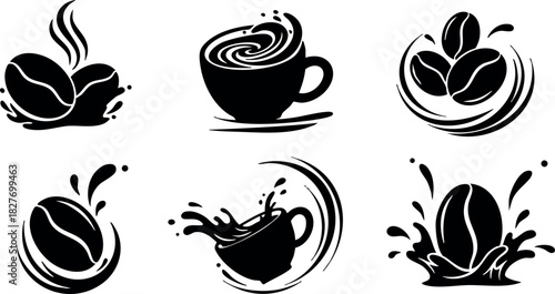 Coffee bean cup splash black silhouette vector illustration for beverage design and cafe branding
