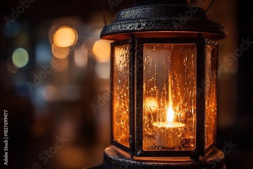 A macro photograph of a flickering LED candle flame inside a vintage-style Christmas lantern, creating a warm glow 