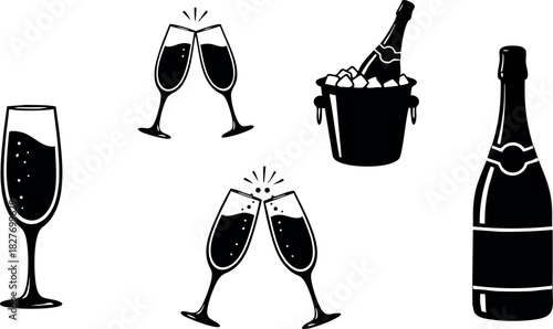 Champagne bottle glass bucket and clinking glasses vector illustration celebration party drink toast black and white design