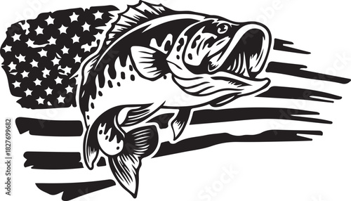 Print largemouth bass fish jumping with american flag isolated on