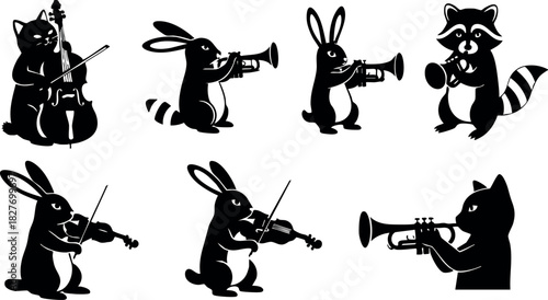 Silhouettes of cute animals playing musical instruments vector illustration black and white design
