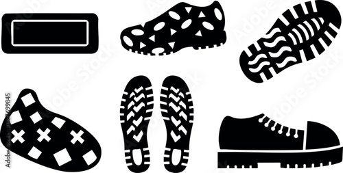 Shoe sole footprint vector illustration different tread patterns textured designs shoe bottom prints black shapes
