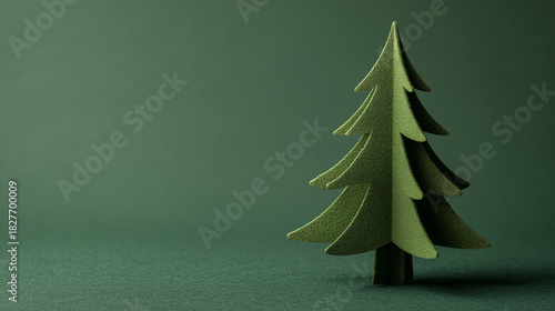 A single green christmas tree against a solid green background studio shot